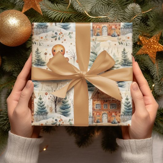 ジンジャーブレッドマン&ハウススノーウィークリスマス ラッピングペーパー