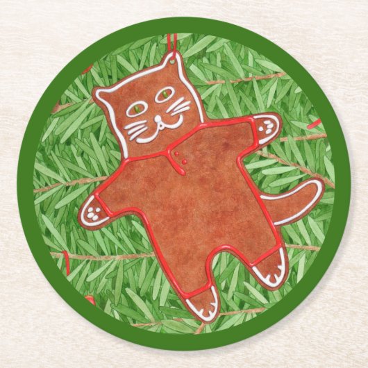 ジンジャーブレッド子猫ラウンド紙コースター/グリーン ラウンドペーパーコースター (正面)