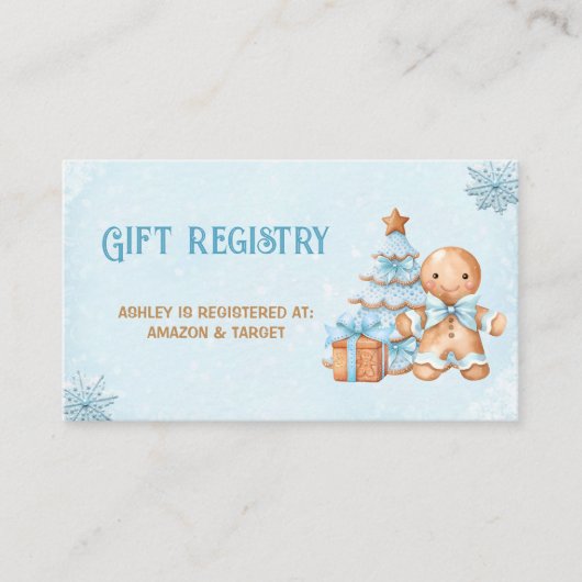 ジンジャーブレッド青ベビーシャワーギフト登録カード エンクロージャーカード (正面)