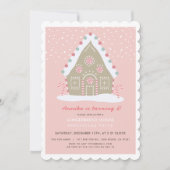 ジンジャーブレッド飾ハウスのピンクの誕生日パーティー 招待状 (正面)