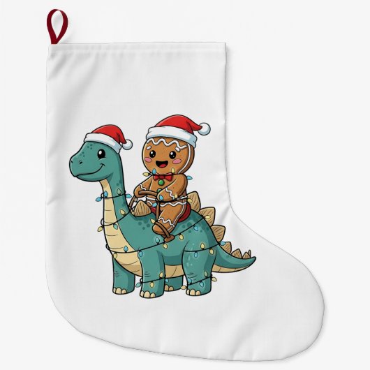 ジンジャーブレッド サンタの恐竜乗り物 クリスマス ラージクリスマスストッキング (正面)