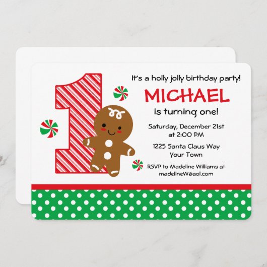ジンジャーブレッド·ボーイ1歳の誕生日 招待状 (正面/裏面)