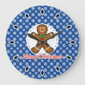 ジンジャーブレッド – 青い雪片パターン – メリークリスマス ラージ壁時計 (正面)