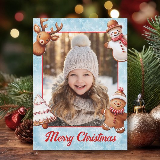 ジンジャーブレッドCookieフォトフレーム青い背景 シーズンカード