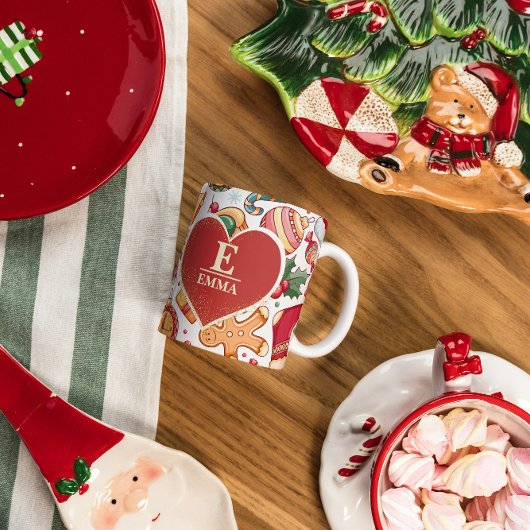 ジンジャーブレッパーソナライズされたドモノグラム&クリスマスネーム コーヒーマグカップ