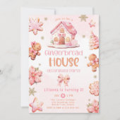 ジンジャーブレッ飾ドハウスのパーティーピンク誕生日 招待状 (正面)