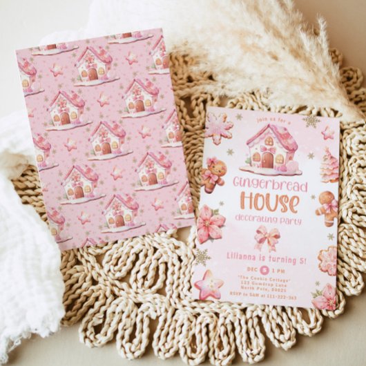 ジンジャーブレッ飾ドハウスのパーティーピンク誕生日 招待状