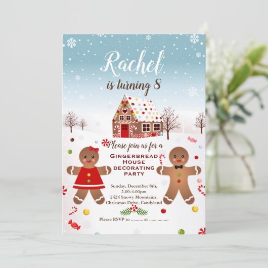 ジンジャーブレッ飾ドハウスの誕生日パーティー招待状 招待状 (スタンド正面)