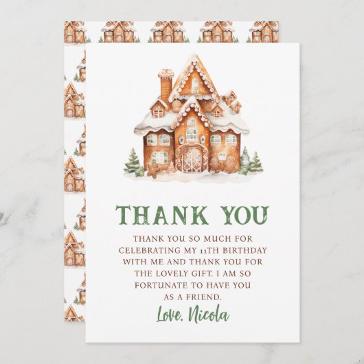 ジンジャーブレッ飾ドハウスの誕生日パーティー サンキューカード (正面/裏面)