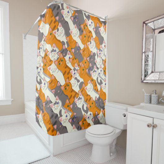 ジンジャーホワイト黒猫の対角パターン シャワーカーテン (インサイチュ)