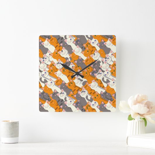 ジンジャーホワイト黒猫の対角パターン スクエア壁時計 (ホーム)