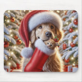 ジンジャー色の子猫が入った靴下を履くゴールデンレトリバー マウスパッド (正面)