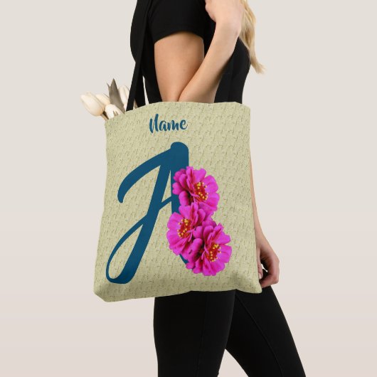 ジンニアの花のイニシャルA パーソナライズ トートバッグ (クローズアップ)