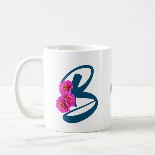 ジンニアの花のイニシャルB パーソナライズド コーヒーマグカップ (左)