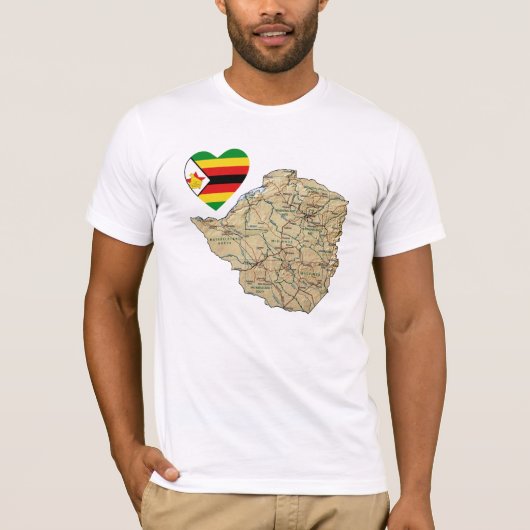ジンバブエ国旗のハートと地図Tシャツ Tシャツ (正面)