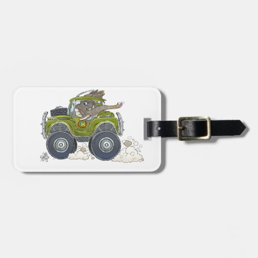 ジープを運転している象の漫画のイラストレーション ラゲッジタグ (正面横)