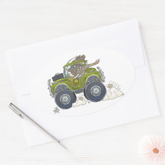 ジープを運転している象の漫画のイラストレーション。 楕円形シール (封筒)