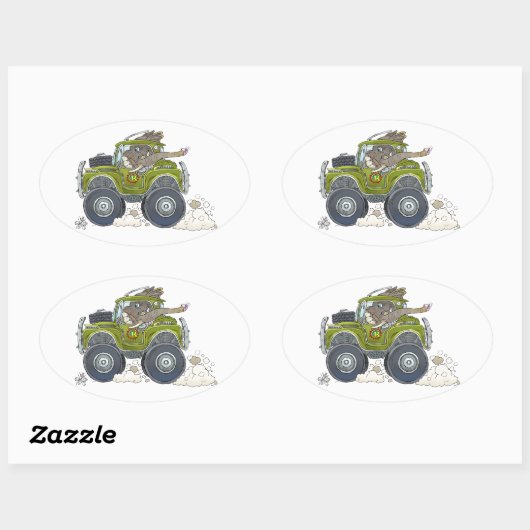 ジープを運転している象の漫画のイラストレーション。 楕円形シール (シート)