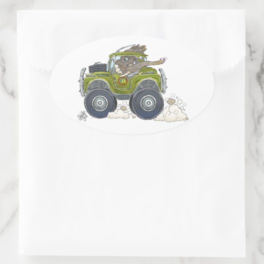 ジープを運転している象の漫画のイラストレーション。 楕円形シール (バッグ)