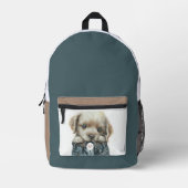 ジーンズに可愛い子犬アートモノグラム プリントバックパック (正面)