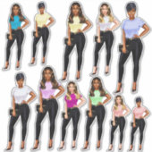 ジーンズに身を包んだフライガールレディとTシャツのステッカーセット シール (正面)