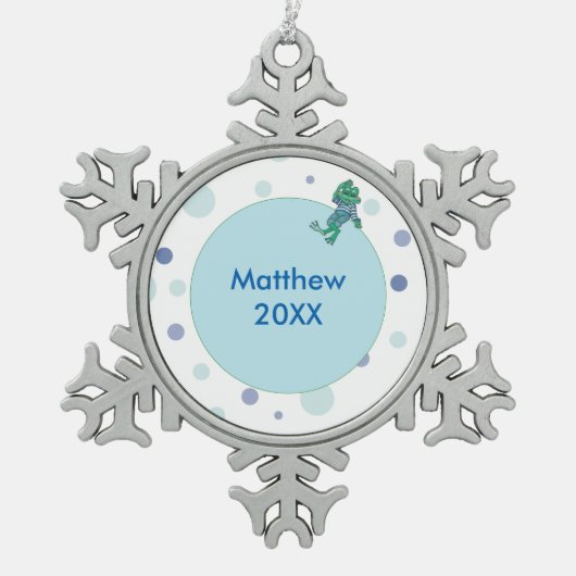 ジーンズのカエル,誕生日,水玉模様 スノーフレークピューターオーナメント (正面)