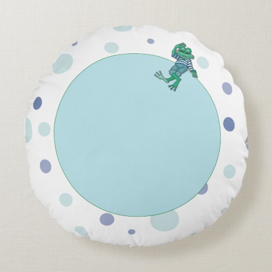 ジーンズのカエル，誕生日,水玉模様 ラウンドクッション (正面)