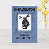 ジーンズ・ルックに新しいバイクおめでとう カード (黄色い花)