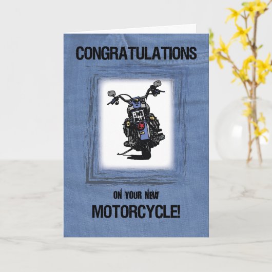 ジーンズ・ルックに新しいバイクおめでとう カード (黄色い花)