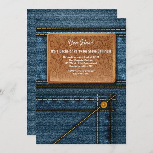 ジーンレザースクエアラベルバチュラーパーティ 招待状 (正面/裏面)