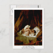 ジーン・ホノーア・フラゴナールの犬と一緒にベッドに入った少女 ポストカード (正面/裏面)