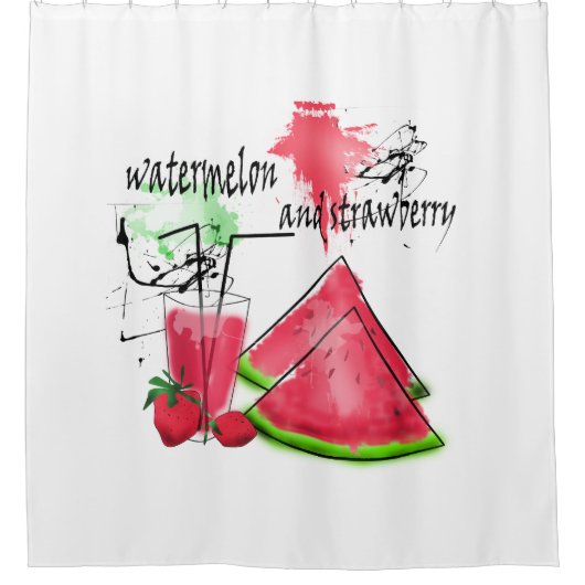 スイカとイチゴの水彩スケッチ シャワーカーテン (正面)