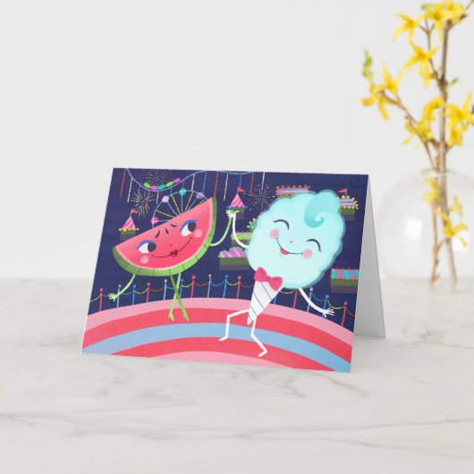 スイカとコットンキャンディカーニバル誕生日 カード (黄色い花)