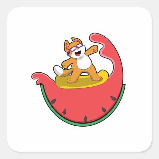 スイカとサーファーとしての猫 スクエアシール (正面)