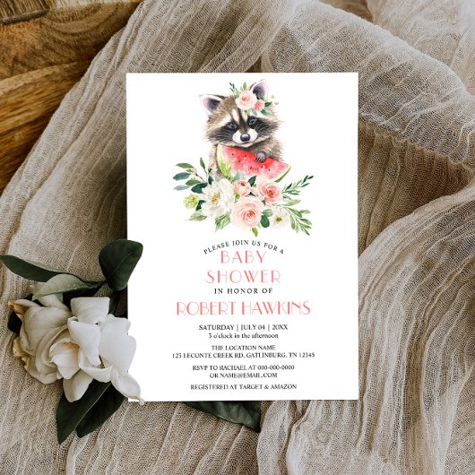 スイカとラクーンの緑のフローラ赤ちゃんシャワー 招待状