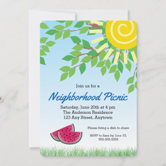 スイカと太陽を持つ近所のピクニックインビタティ 招待状 (正面)