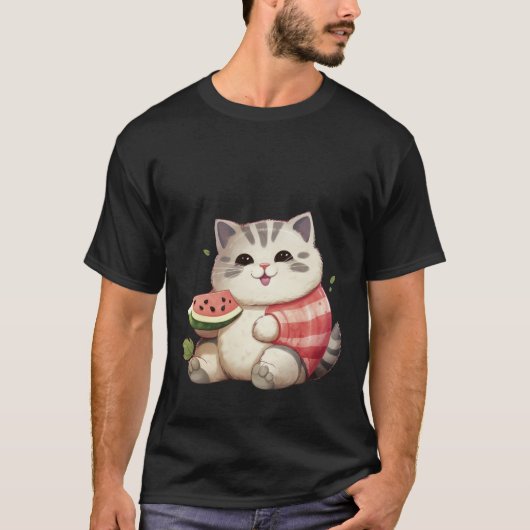 スイカと幸せなデブ猫の夏のイラスト ✨🐾🍉 Tシャツ (正面)