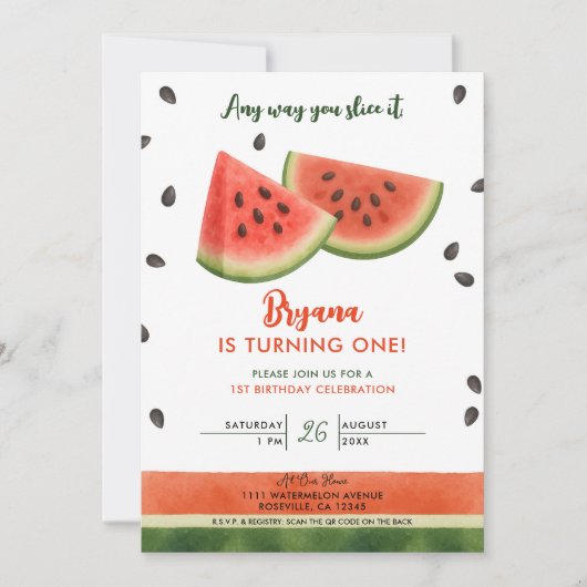 スイカどんな方法でもスライスする1回目の誕生日パーティー 招待状 (正面)