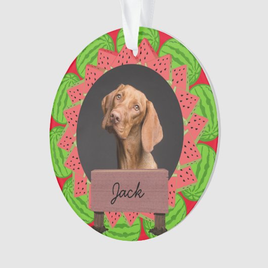 スイカのクリスマスカスタムの休日の犬の写真 オーナメント (正面)