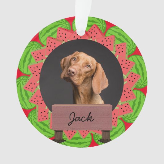 スイカのクリスマスカスタムの休日の犬の写真 オーナメント (正面)