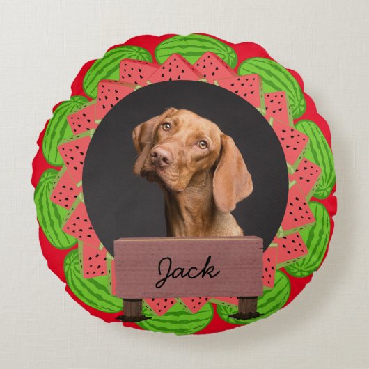 スイカのクリスマスカスタムの休日の犬の写真 ラウンドクッション (正面)