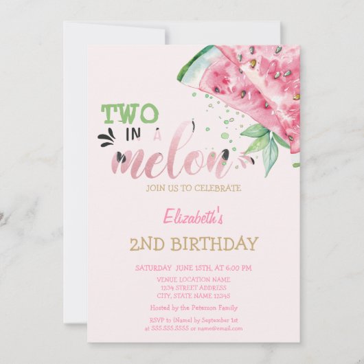 スイカのスイカに2つピンクの2番目の誕生日 招待状 (正面)
