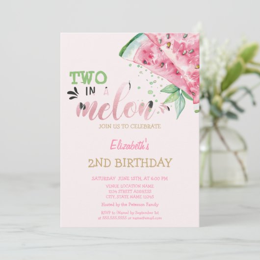 スイカのスイカに2つピンクの2番目の誕生日 招待状 (スタンド正面)