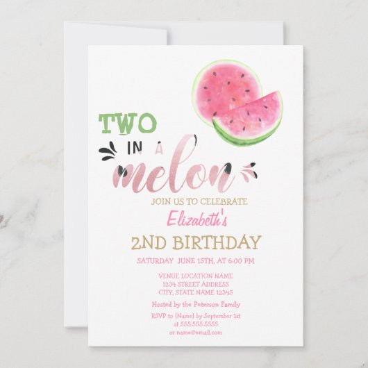 スイカのスイカに2人2歳の誕生日 招待状 (正面)