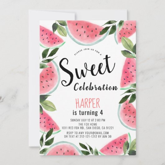 スイカのスイートセレブレーション 水彩風誕生日 招待状 (正面)
