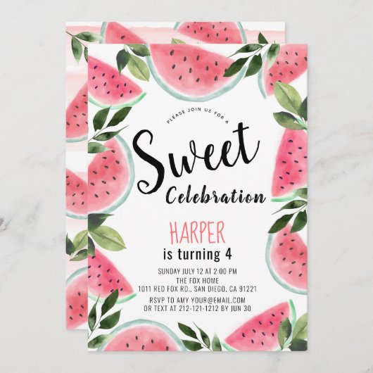スイカのスイートセレブレーション 水彩風誕生日 招待状 (正面/裏面)