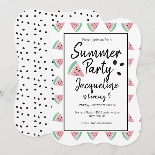 スイカのスライスと種の夏のフルーティーな誕生日 招待状 (正面/裏面)