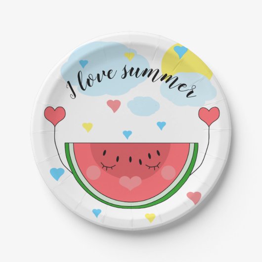 スイカのスライス、テキスト、「I love summer」、 ペーパープレート (正面)