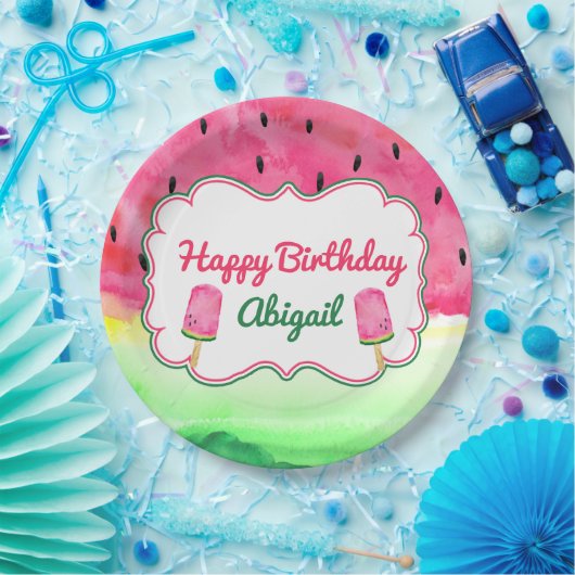 スイカのハッピーバースデーのプレートの名前をカスタムする ペーパープレート (パーティー)