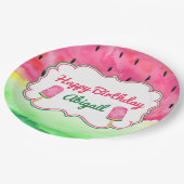 スイカのハッピーバースデーのプレートの名前をカスタムする ペーパープレート (アングル)